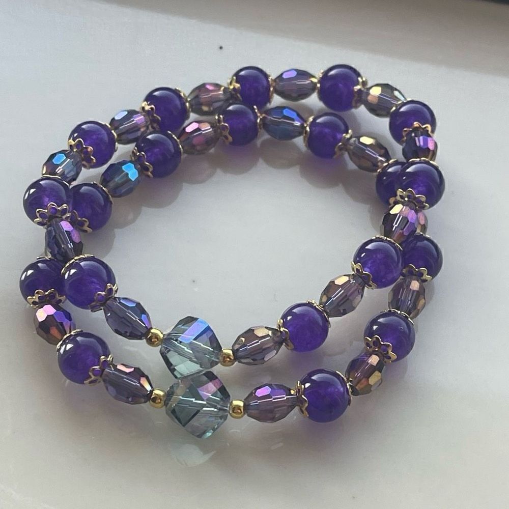 Hand crafted purple chalcedony faceted beads crystals stone ONE NEW stretch brac